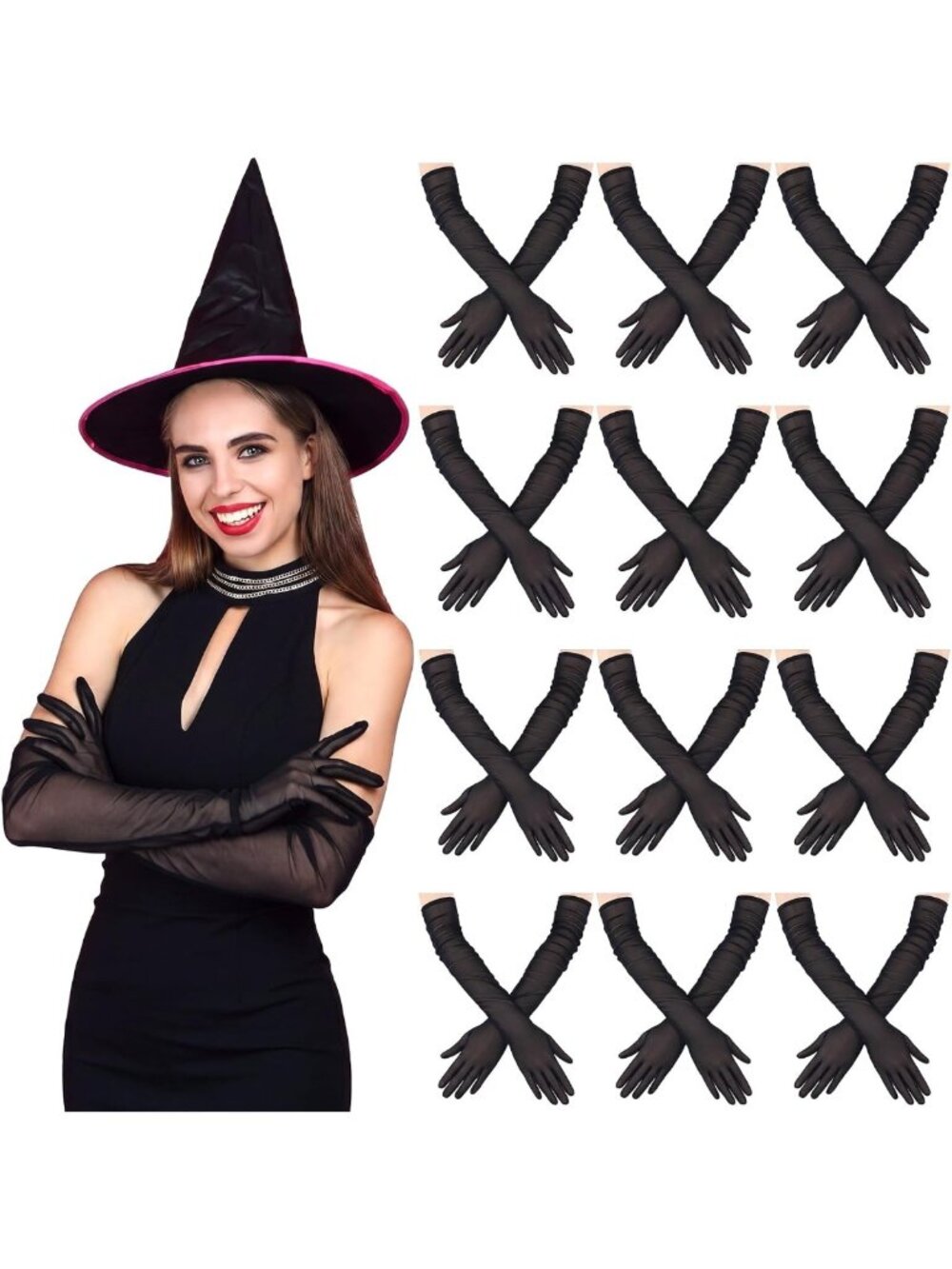 12 Pairs Long Sheer Black Mesh Tulle Opera Gloves for Women - Elegant & Stylish
